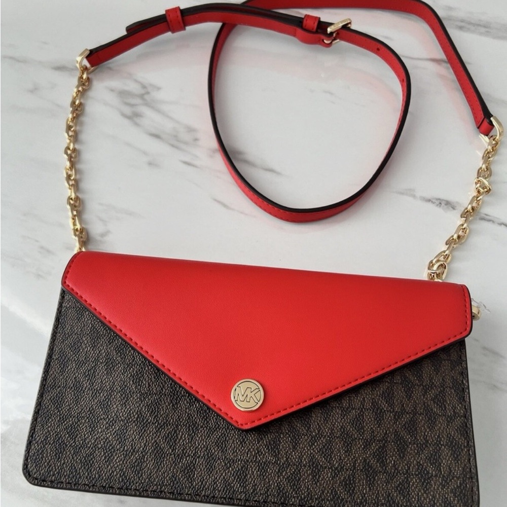 Michael Kors Jet Set Travel Small Flap Clutch Crossbody Bag (brown + red) - Picture 10 of 12